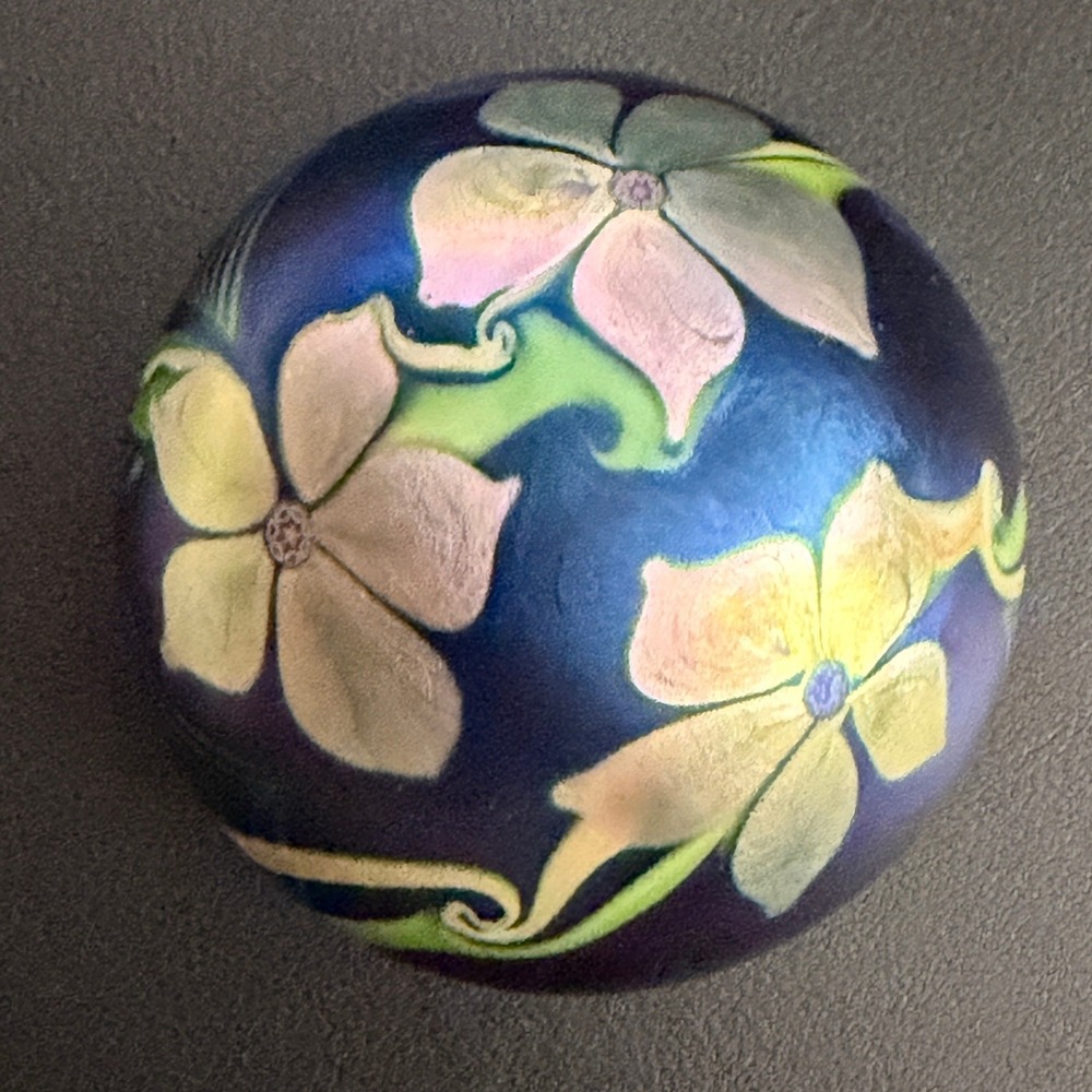 Orient & Flume Art Glass Paperweight Blue Iridescent 1978